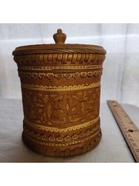 Handmade Russian Birch Bark Box With Lid - 1980s-90s Tree Of Life Motif Airtight
